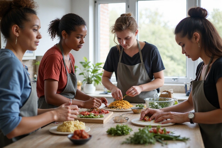 Grupo de personas participando activamente en un taller de cocina saludable, con un nutricionista guiándolos.