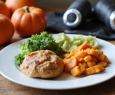 Plato con comida saludable y energética para un deportista, con equipo deportivo de fondo.