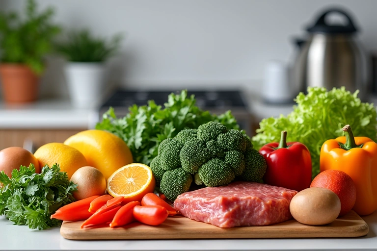 Variedad de alimentos saludables y coloridos dispuestos de forma atractiva, representando un plan de alimentación personalizado y equilibrado.